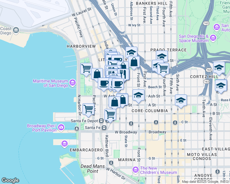 map of restaurants, bars, coffee shops, grocery stores, and more near 1445 India Street in San Diego