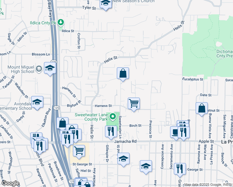 map of restaurants, bars, coffee shops, grocery stores, and more near 8956 Harness Street in Spring Valley
