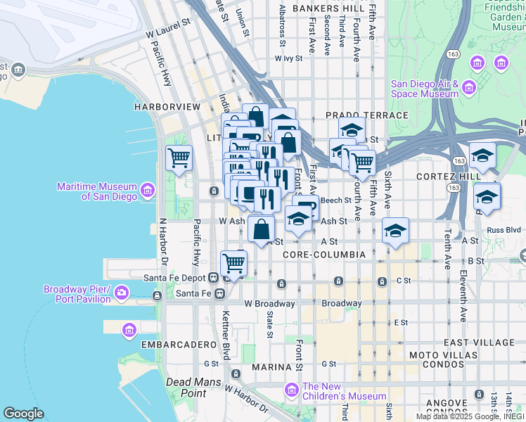 map of restaurants, bars, coffee shops, grocery stores, and more near 425 West Beech Street in San Diego