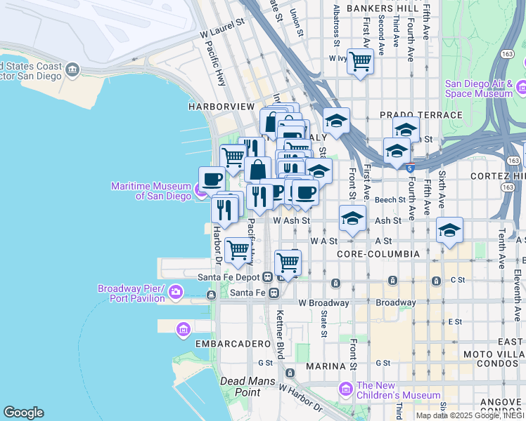 map of restaurants, bars, coffee shops, grocery stores, and more near 1531 Pacific Highway in San Diego