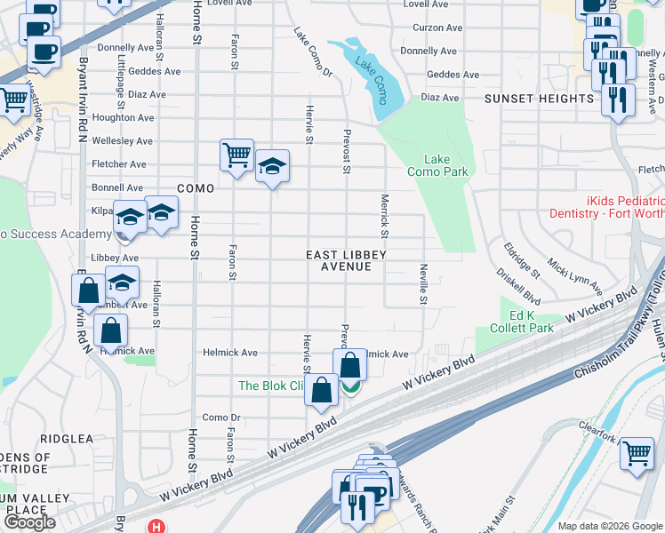 map of restaurants, bars, coffee shops, grocery stores, and more near 5304 Libbey Avenue in Fort Worth