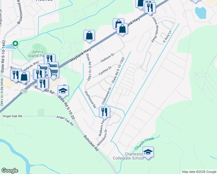 map of restaurants, bars, coffee shops, grocery stores, and more near 2036 Chilhowee Drive in Johns Island