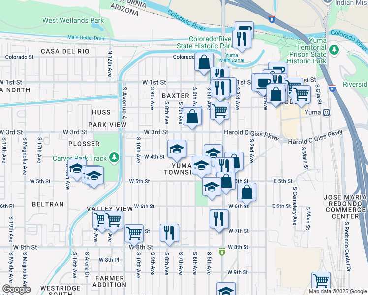 map of restaurants, bars, coffee shops, grocery stores, and more near 328 South 7th Avenue in Yuma