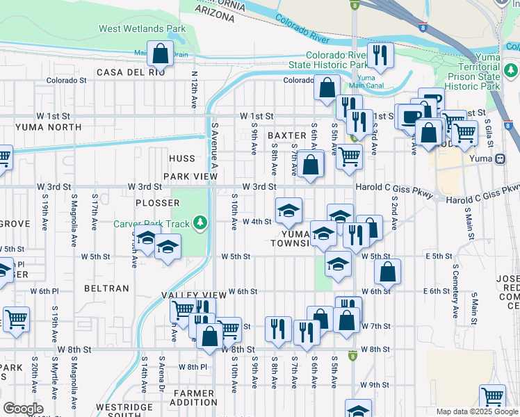 map of restaurants, bars, coffee shops, grocery stores, and more near 330 South 8th Avenue in Yuma