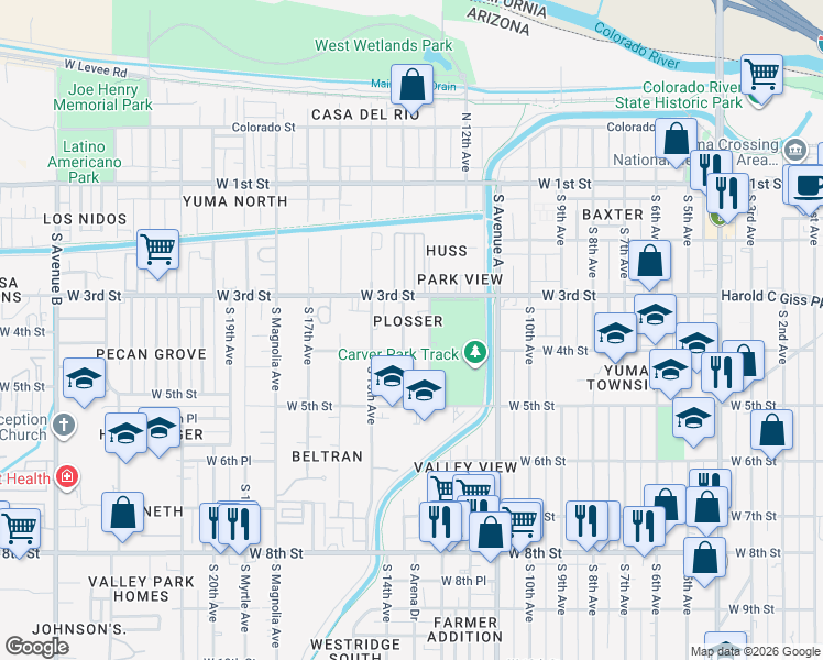 map of restaurants, bars, coffee shops, grocery stores, and more near 360 South 13th Avenue in Yuma