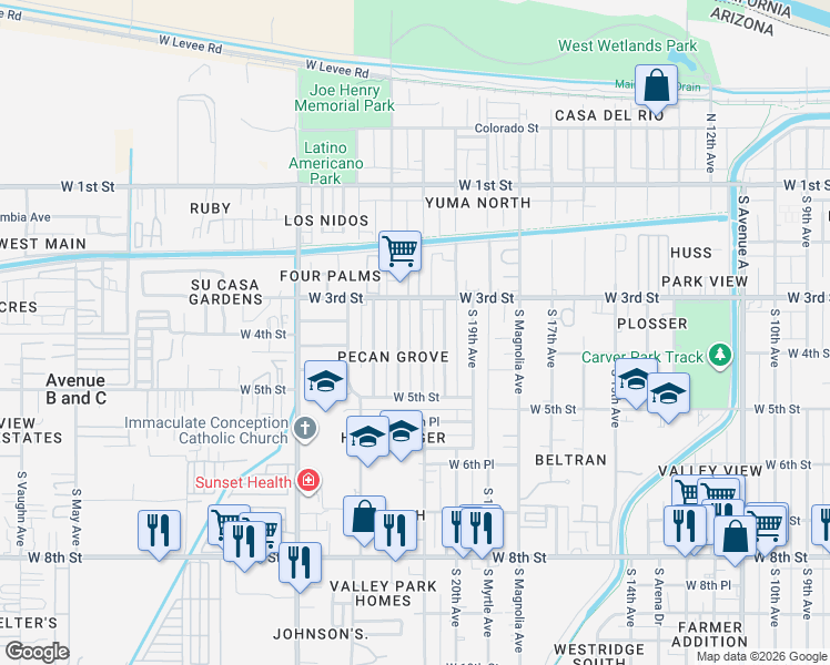 map of restaurants, bars, coffee shops, grocery stores, and more near 305 South 22nd Avenue in Yuma