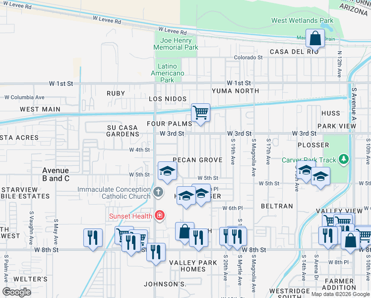 map of restaurants, bars, coffee shops, grocery stores, and more near 301 S 24th Ave in Yuma