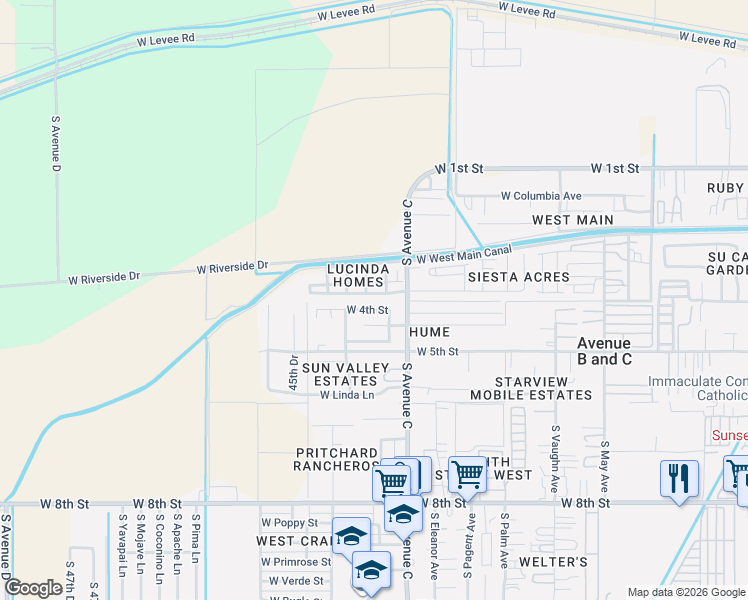 map of restaurants, bars, coffee shops, grocery stores, and more near 4150 West 3rd Street in Yuma