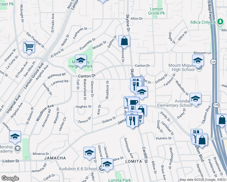 map of restaurants, bars, coffee shops, grocery stores, and more near 8171 Braddock Place in San Diego