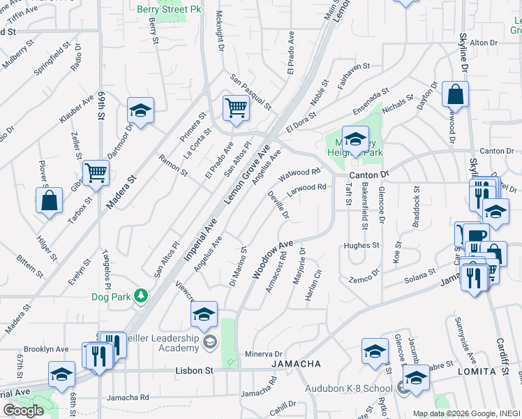 map of restaurants, bars, coffee shops, grocery stores, and more near 1549 Watwood Road in Lemon Grove