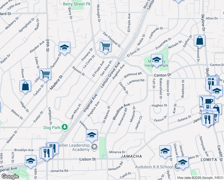 map of restaurants, bars, coffee shops, grocery stores, and more near 1525 Angelus Avenue in Lemon Grove