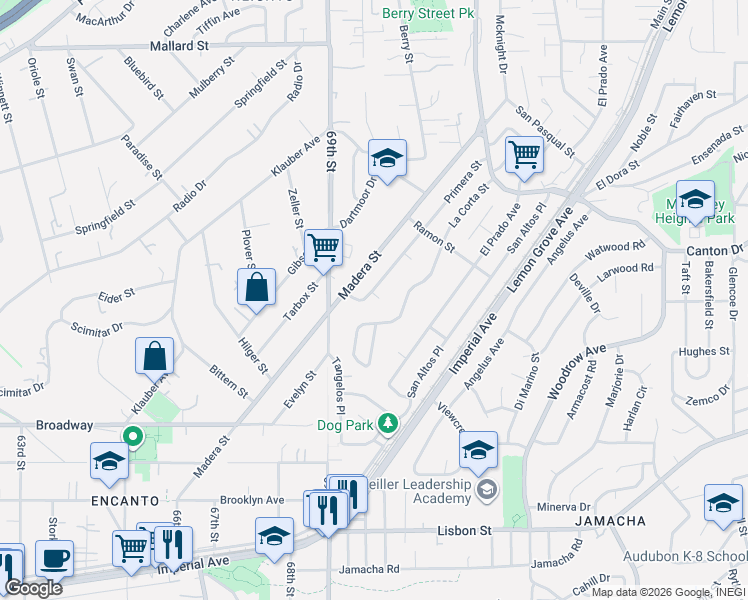 map of restaurants, bars, coffee shops, grocery stores, and more near 1467 Madera Street in Lemon Grove