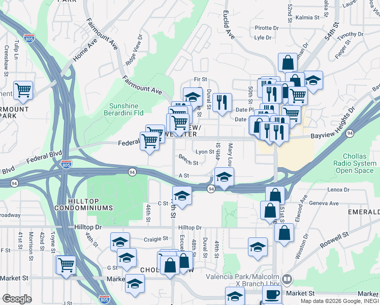 map of restaurants, bars, coffee shops, grocery stores, and more near 4819 Federal Boulevard in San Diego