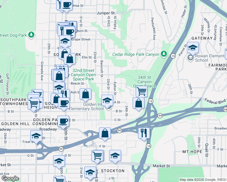 map of restaurants, bars, coffee shops, grocery stores, and more near 1438 Felton Street in San Diego