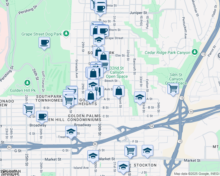map of restaurants, bars, coffee shops, grocery stores, and more near 1441 31st Street in San Diego