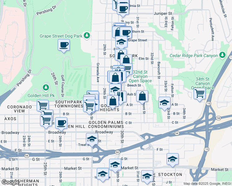 map of restaurants, bars, coffee shops, grocery stores, and more near 1436 30th Street in San Diego