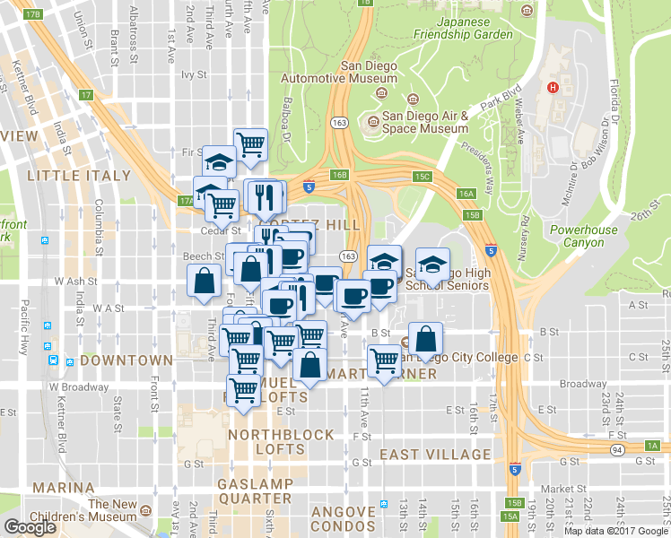 map of restaurants, bars, coffee shops, grocery stores, and more near 942 Beech Street in San Diego