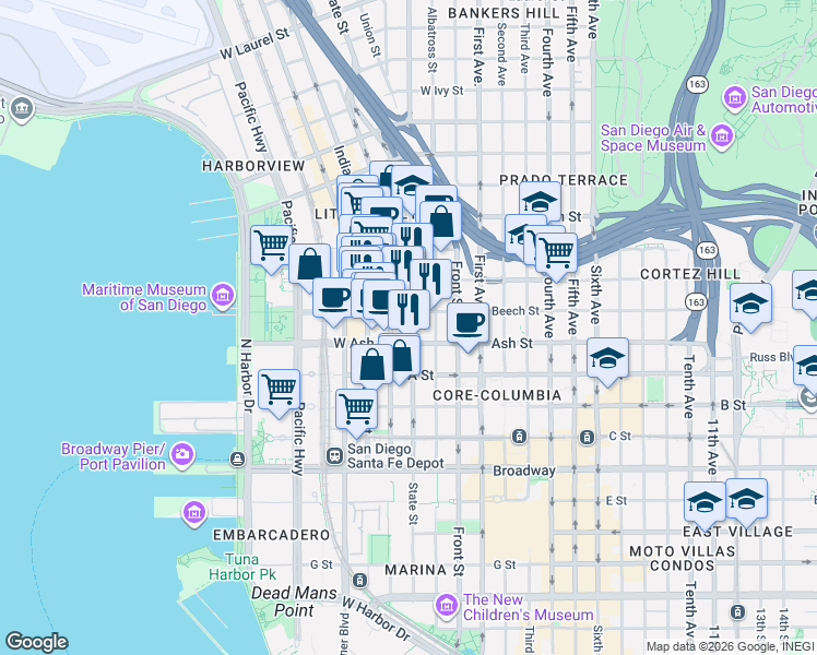 map of restaurants, bars, coffee shops, grocery stores, and more near 1500 State Street in San Diego
