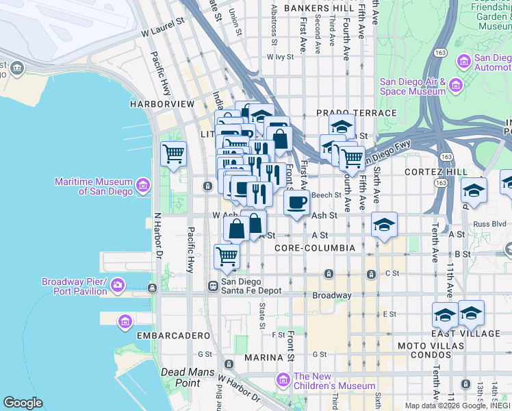 map of restaurants, bars, coffee shops, grocery stores, and more near 1541 India Street in San Diego