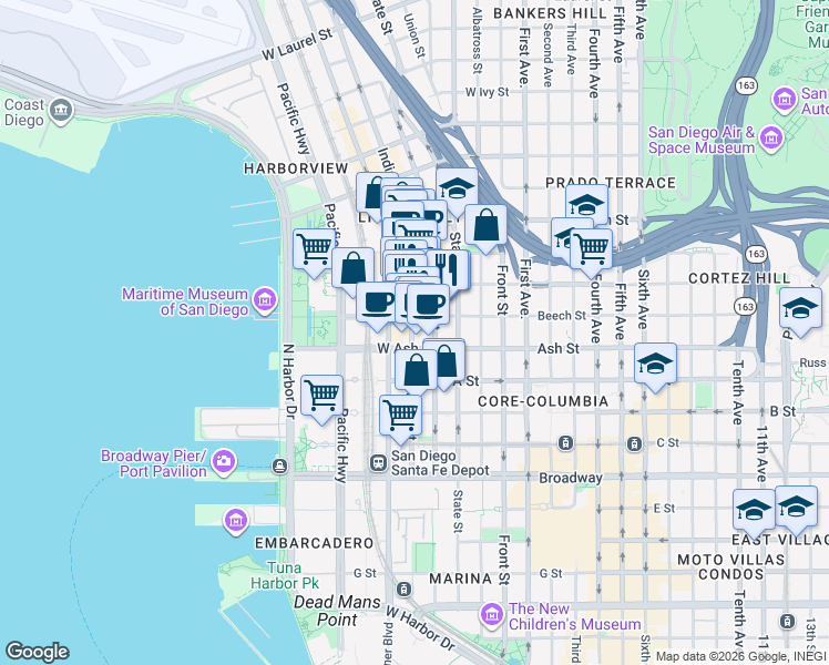 map of restaurants, bars, coffee shops, grocery stores, and more near 1445 India Street in San Diego