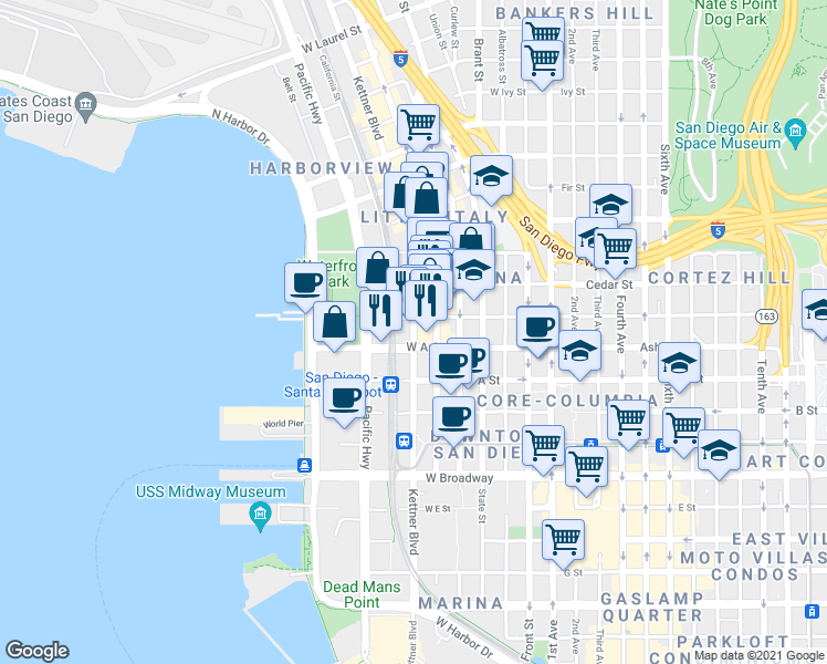 map of restaurants, bars, coffee shops, grocery stores, and more near in San Diego