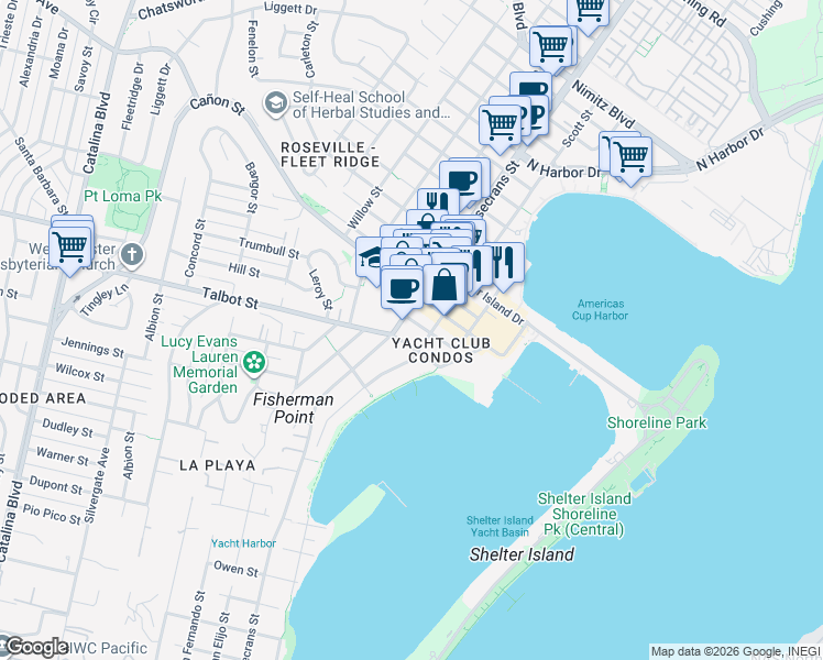 map of restaurants, bars, coffee shops, grocery stores, and more near 1050 Rosecrans Street in San Diego