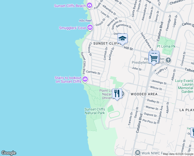map of restaurants, bars, coffee shops, grocery stores, and more near 4443 Carmelo Street in San Diego