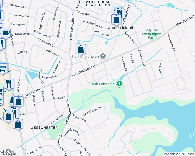map of restaurants, bars, coffee shops, grocery stores, and more near 1315 Bob White Drive in Charleston