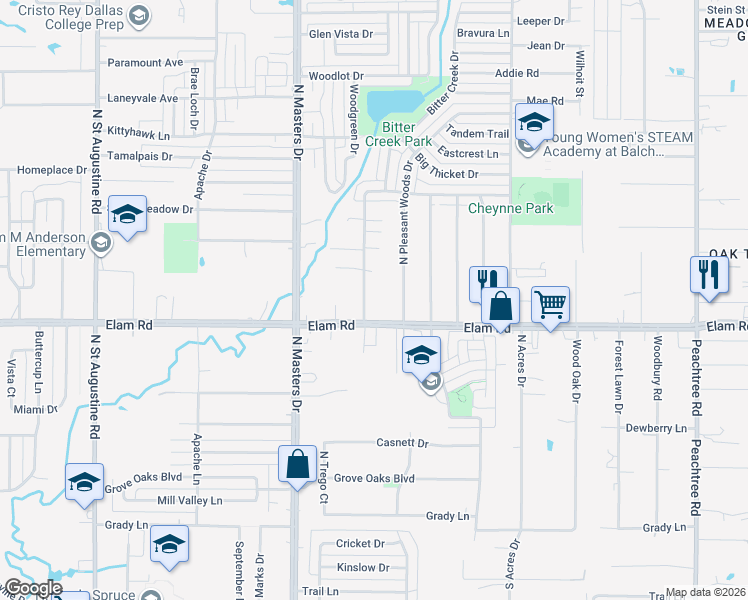map of restaurants, bars, coffee shops, grocery stores, and more near 536 Pleasant Hills Drive in Dallas
