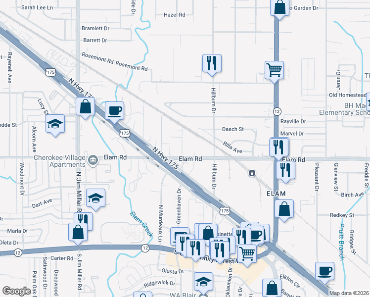 map of restaurants, bars, coffee shops, grocery stores, and more near 539 Palmetto Drive in Dallas