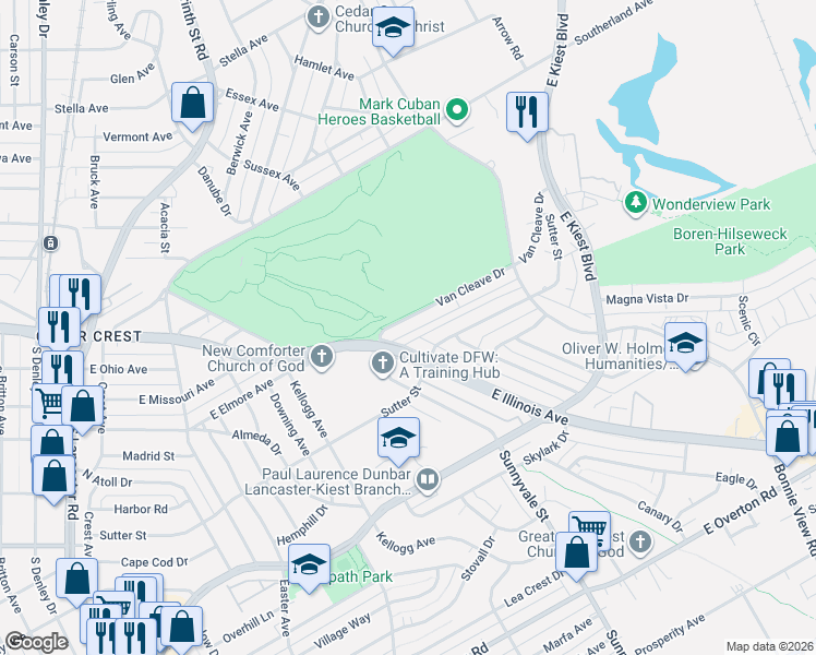 map of restaurants, bars, coffee shops, grocery stores, and more near 2054 Van Cleave Drive in Dallas