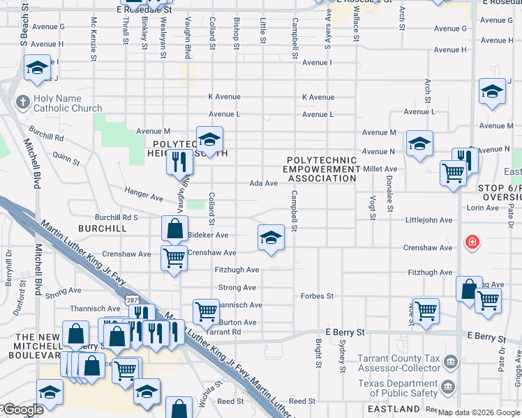 map of restaurants, bars, coffee shops, grocery stores, and more near 3429 Hanger Avenue in Fort Worth
