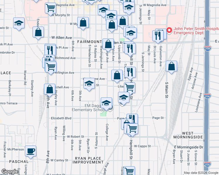 map of restaurants, bars, coffee shops, grocery stores, and more near 2107 College Avenue in Fort Worth