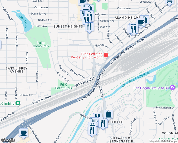 map of restaurants, bars, coffee shops, grocery stores, and more near in Fort Worth