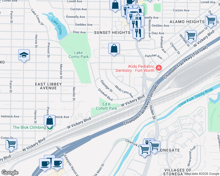 map of restaurants, bars, coffee shops, grocery stores, and more near 3928 Micki Lynn Avenue in Fort Worth