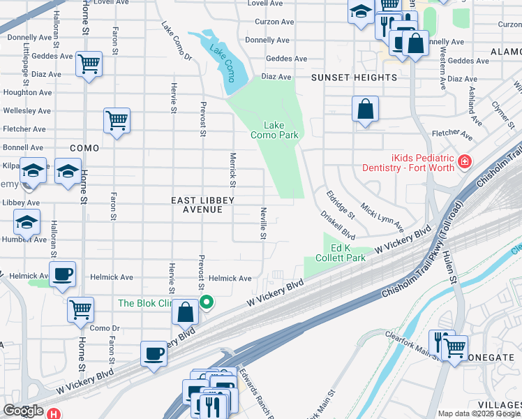 map of restaurants, bars, coffee shops, grocery stores, and more near 5030 Libbey Avenue in Fort Worth