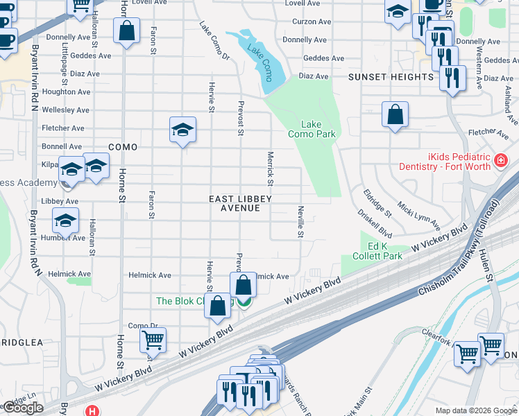 map of restaurants, bars, coffee shops, grocery stores, and more near 5210 Libbey Avenue in Fort Worth