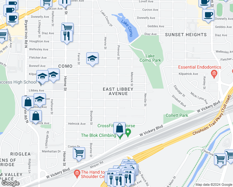 map of restaurants, bars, coffee shops, grocery stores, and more near 5304 Libbey Avenue in Fort Worth