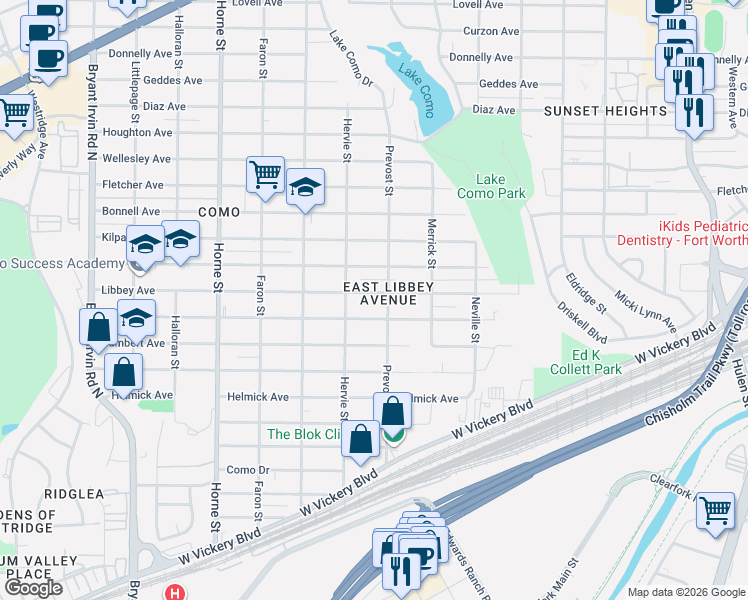 map of restaurants, bars, coffee shops, grocery stores, and more near 5304 Libbey Avenue in Fort Worth