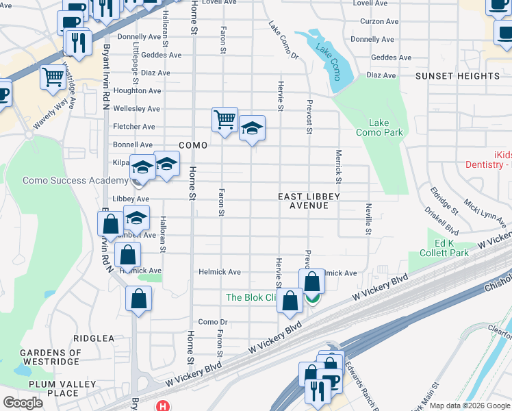 map of restaurants, bars, coffee shops, grocery stores, and more near 5426 Libbey Avenue in Fort Worth