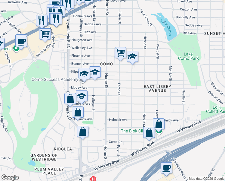 map of restaurants, bars, coffee shops, grocery stores, and more near 5612 Libbey Avenue in Fort Worth