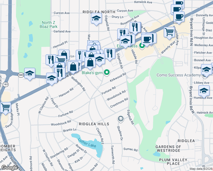 map of restaurants, bars, coffee shops, grocery stores, and more near 6486 Kirkwood Road in Fort Worth