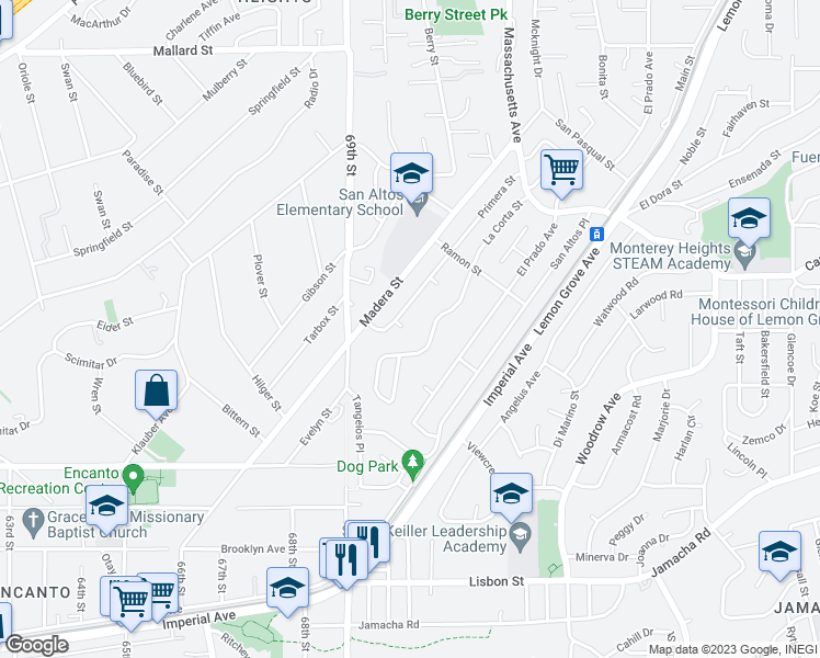 map of restaurants, bars, coffee shops, grocery stores, and more near 1549 Corta Del Sur in Lemon Grove