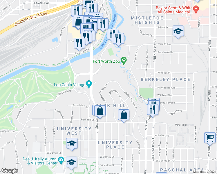 map of restaurants, bars, coffee shops, grocery stores, and more near 2225 Winton Terrace West in Fort Worth