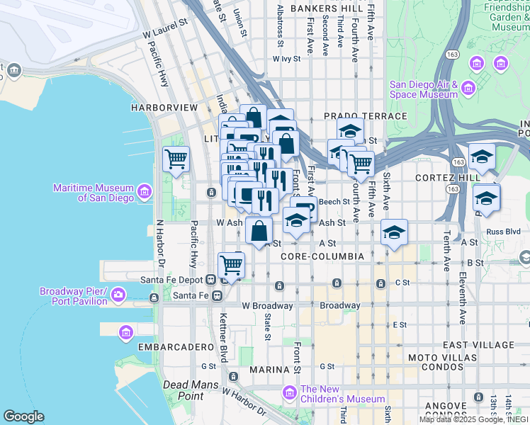 map of restaurants, bars, coffee shops, grocery stores, and more near 425 West Beech Street in San Diego