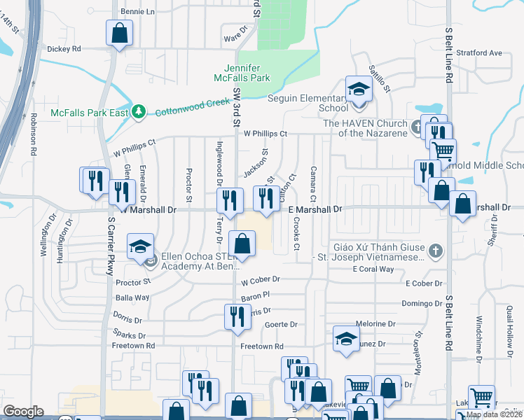 map of restaurants, bars, coffee shops, grocery stores, and more near 1721 Brent Street in Grand Prairie