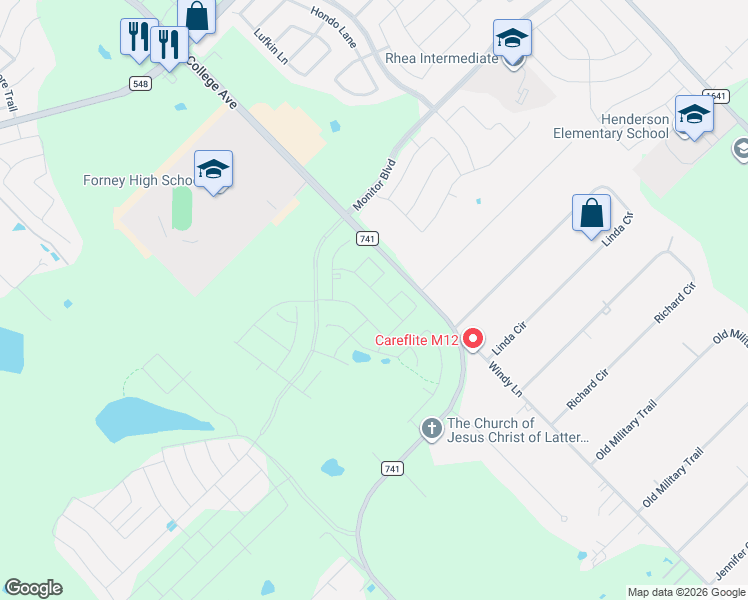 map of restaurants, bars, coffee shops, grocery stores, and more near 8369-8497 Farm to Market Road 741 in Forney