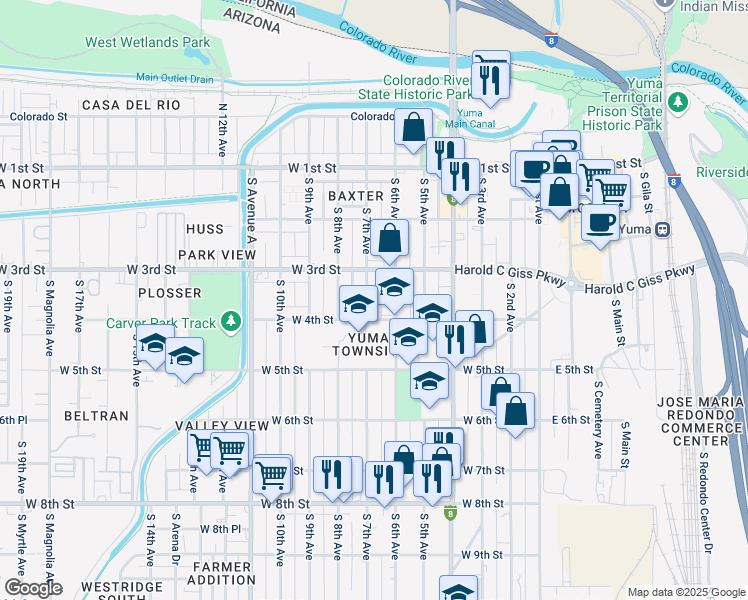 map of restaurants, bars, coffee shops, grocery stores, and more near 328 South 7th Avenue in Yuma