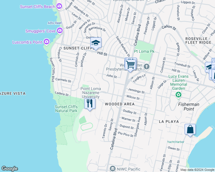 map of restaurants, bars, coffee shops, grocery stores, and more near 826 Moana Drive in San Diego