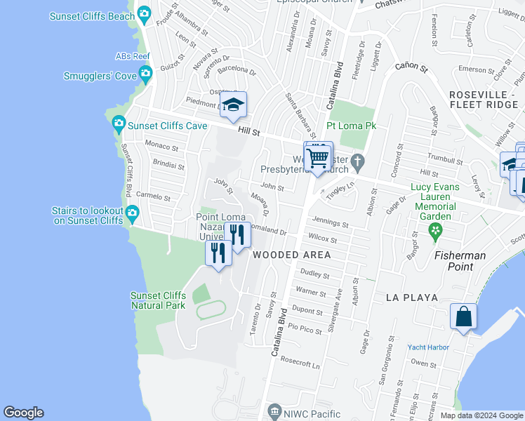map of restaurants, bars, coffee shops, grocery stores, and more near 826 Moana Drive in San Diego